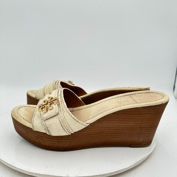 Tory Burch Elina Women Size 8.5 Cream Gold Logo Leather Platform Wedges Sandal - Picture 1 of 11